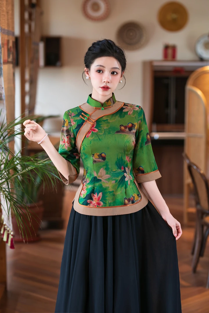 鸳鸯戏水荷花绿色单件小上衣  中国复古短装旗袍民族风时尚夏装