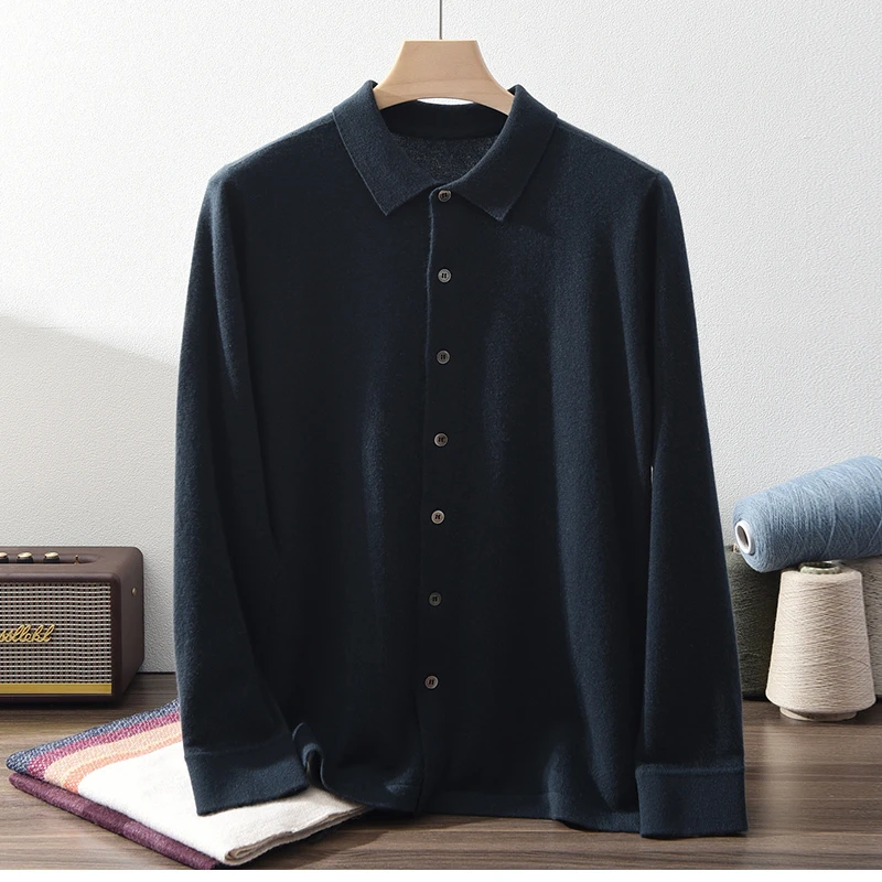 秋冬100%山羊绒男士翻领衬衣加密polo开衫长袖针织外套内搭