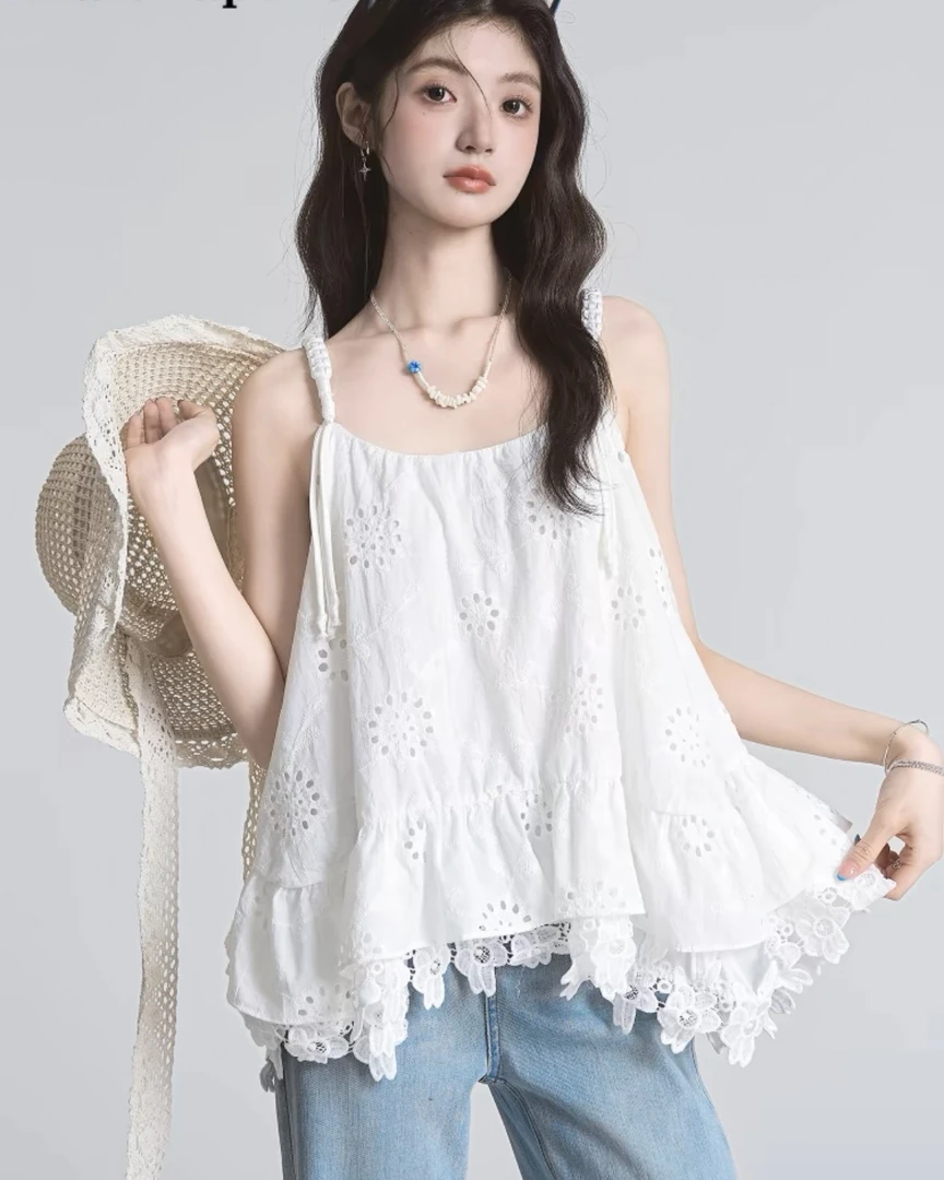 甜美风刺绣提花背心女2025夏季新款独特设计感宽松无袖上衣小衫