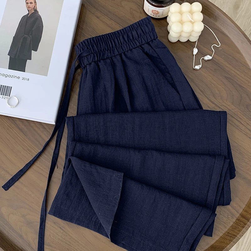 冰丝亚麻山本裤女夏季2025新款小个子藏青色休闲垂感直筒阔腿裤子