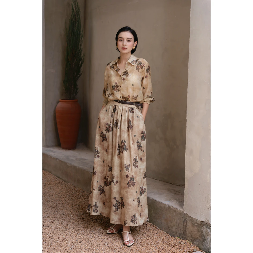 【复古流年】唯美浪漫印花法式印花衬衫蓬蓬半身花裙度假套装（裱里）