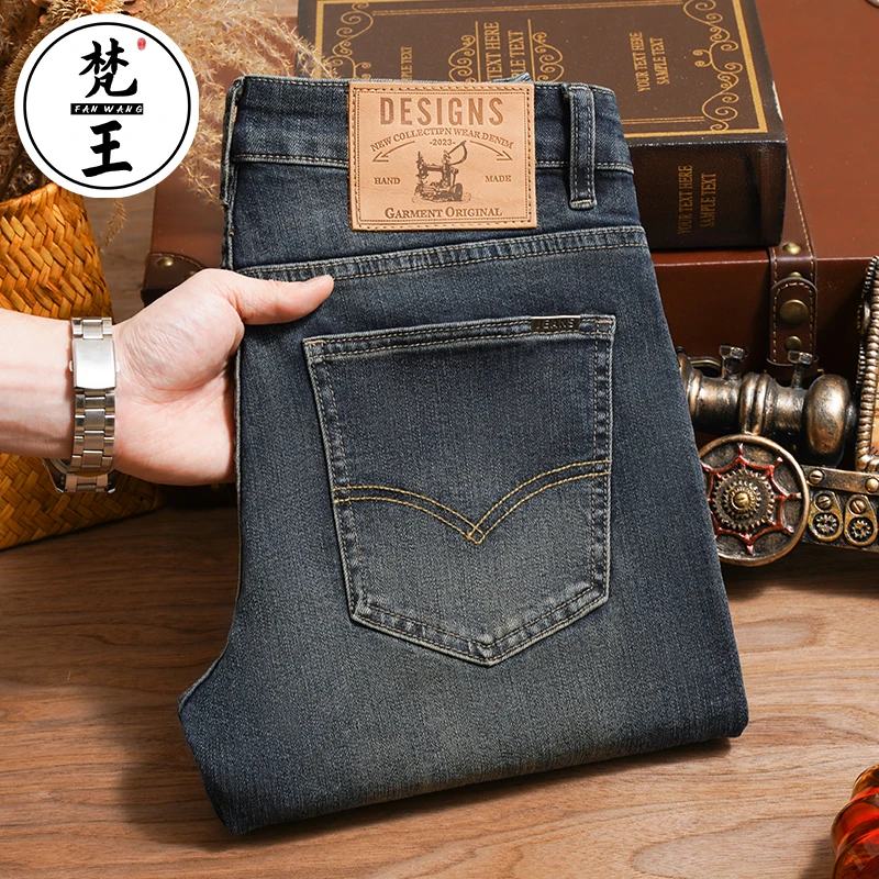 梵王春夏新款高端蓝色男士软牛仔裤时尚小直筒弹力休闲长裤男9355