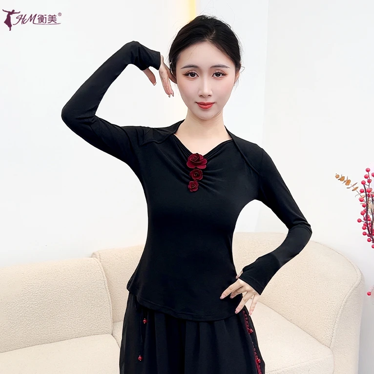 古典舞练功服方领修身立体花套指上衣女长袖现代舞成人形体舞上新