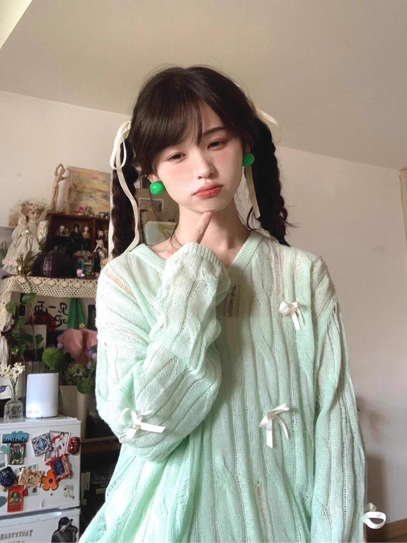 薄荷曼波绿色镂空防晒罩衫女夏季宽松慵懒风小众蝴蝶结针织衫上衣