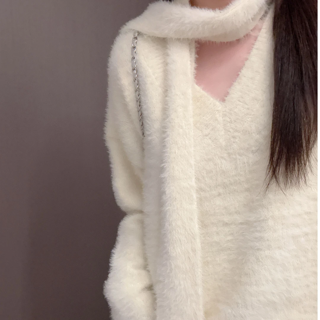 配围脖V领纯色仿水貂绒毛衣软糯宽松百搭洋气上衣针织衫