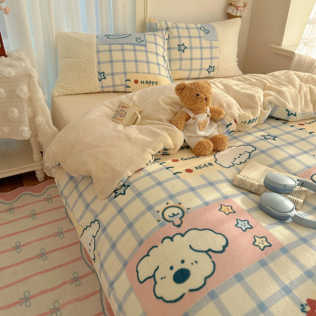 A类加厚牛奶绒ins韩风甜感羊羔拼接牛奶绒甜感少女系四件套三件套