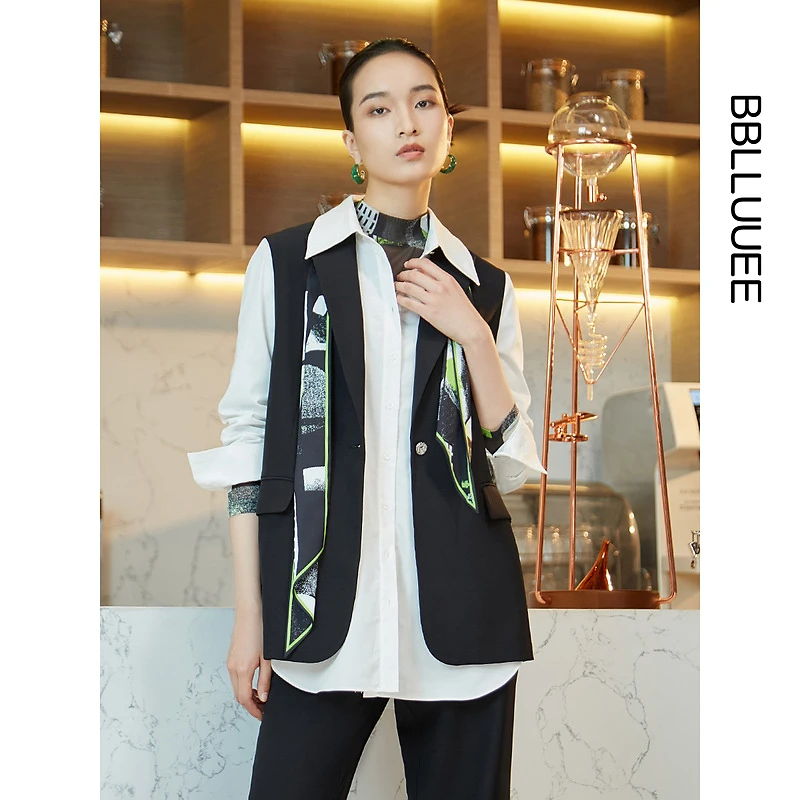 【晨粉专享价】粉蓝衣橱国潮复古印花无袖西装女秋装丝