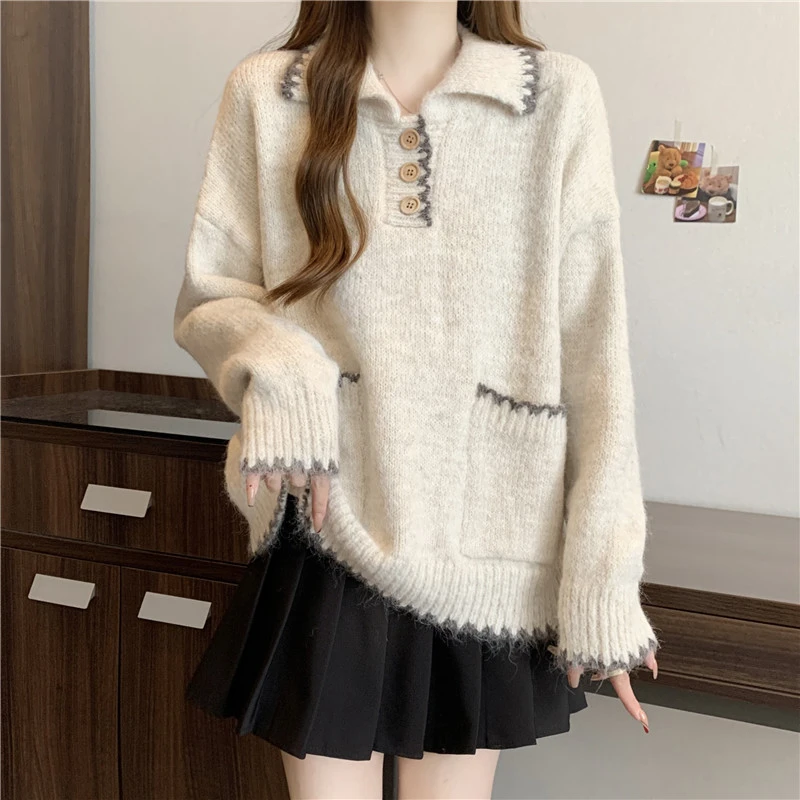 日系复古撞色花边POLO领针织衫女春秋大码胖mm百搭慵懒风毛衣上衣