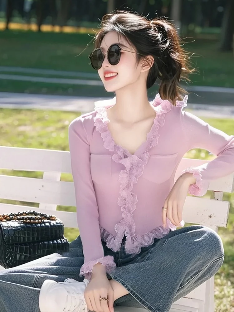 2025春秋季新款高级感穿搭粉色木耳边上衣搭配牛仔裤气质两件套女