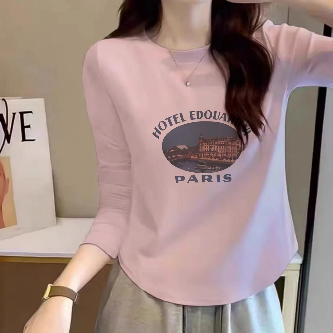 油画建筑新款显瘦小个子纯棉独特长袖上衣早秋时尚内搭打底衫女