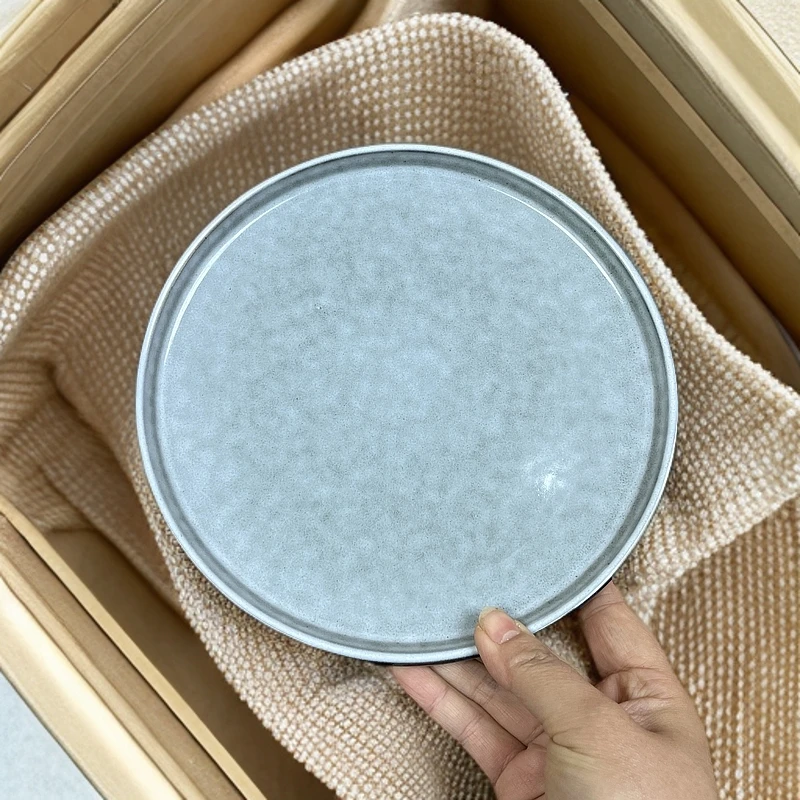 折边盘正品【2个装】8英寸灰色带釉点复古家用陶瓷加厚圆形辣3101