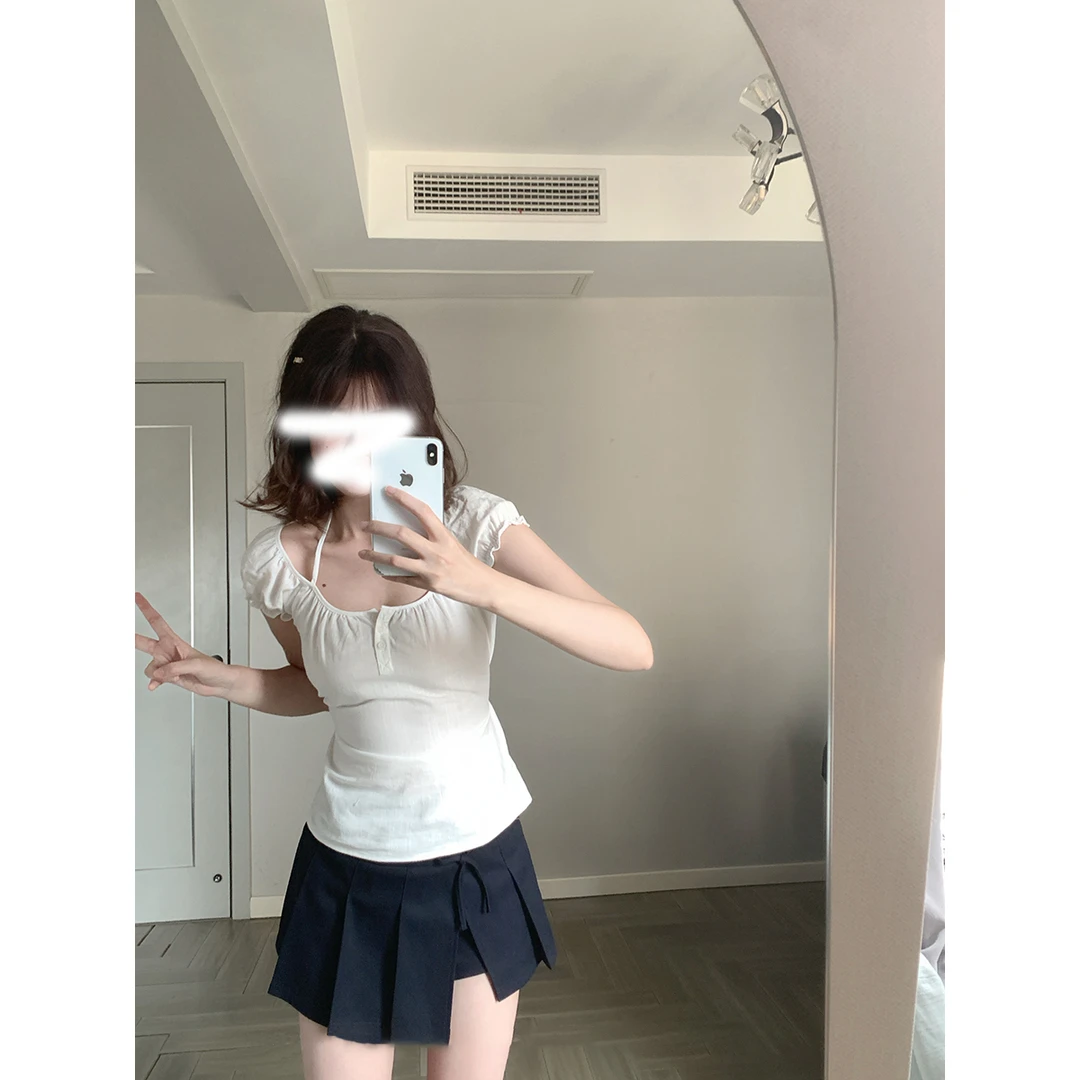 【纯白之恋】挂脖系带设计短袖T恤女夏季薄款收腰修身显瘦甜妹上衣