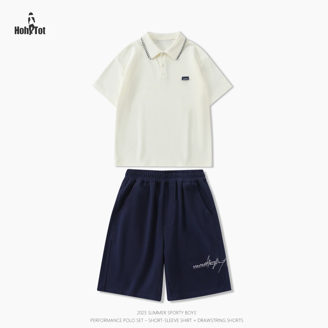 现货【新品上新】青少年短袖POLO衫套装2025夏季中大男童休闲宽松潮