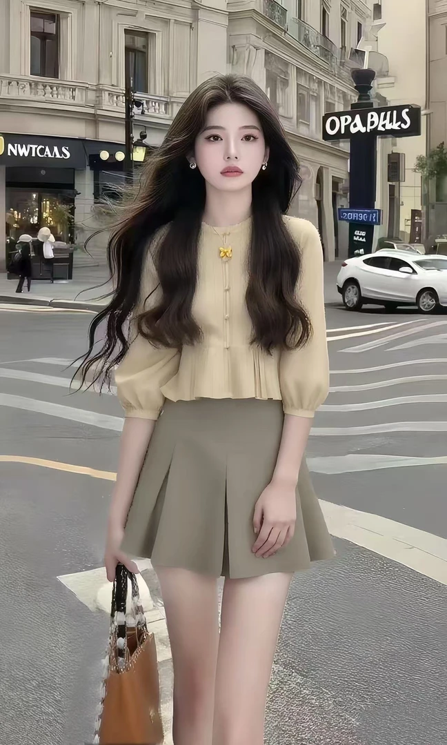 温柔甜美风穿搭时尚套装黄色圆领设计感上衣+百搭半身裙女两件套