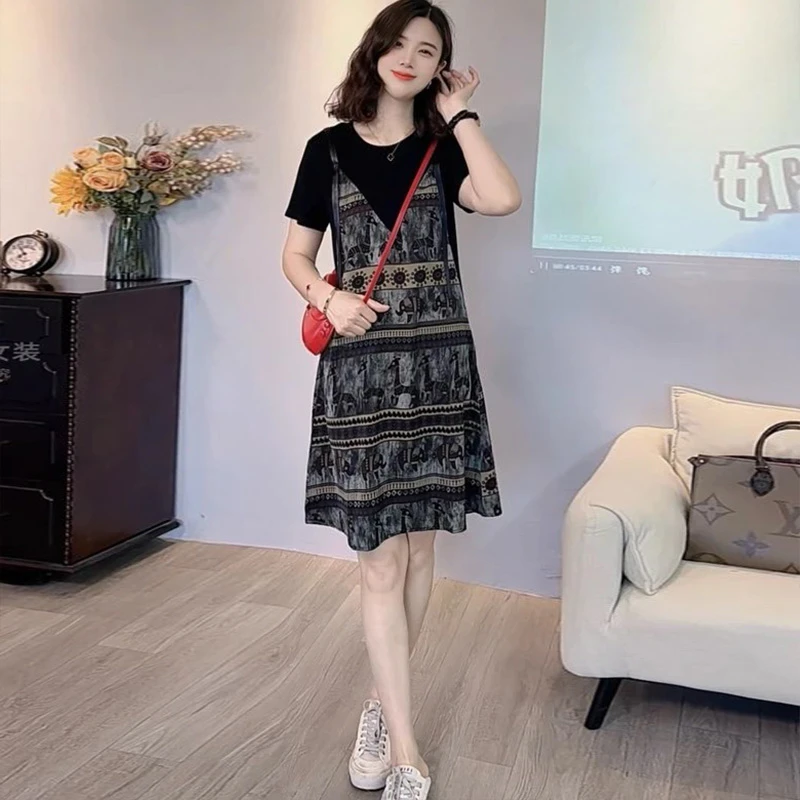 假两件小A版连衣裙女2025夏季新款时尚复古拼接显瘦宽松小众裙子
