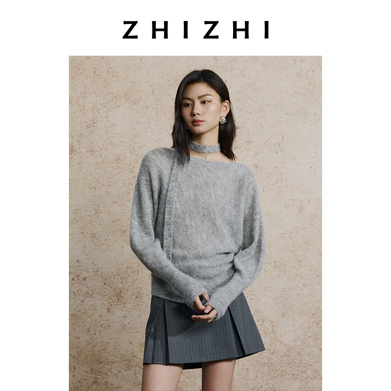 致知 露华 羊毛一字领飘带收腰毛衫时尚25年秋季新款ZZ2EAKZN055
