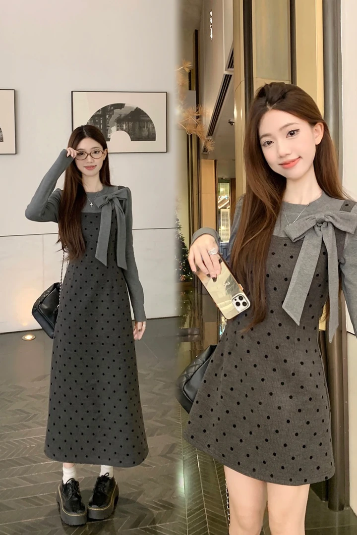 【全额运补小个子定制  】英伦风假两件拼接复古收腰毛呢波点连衣裙