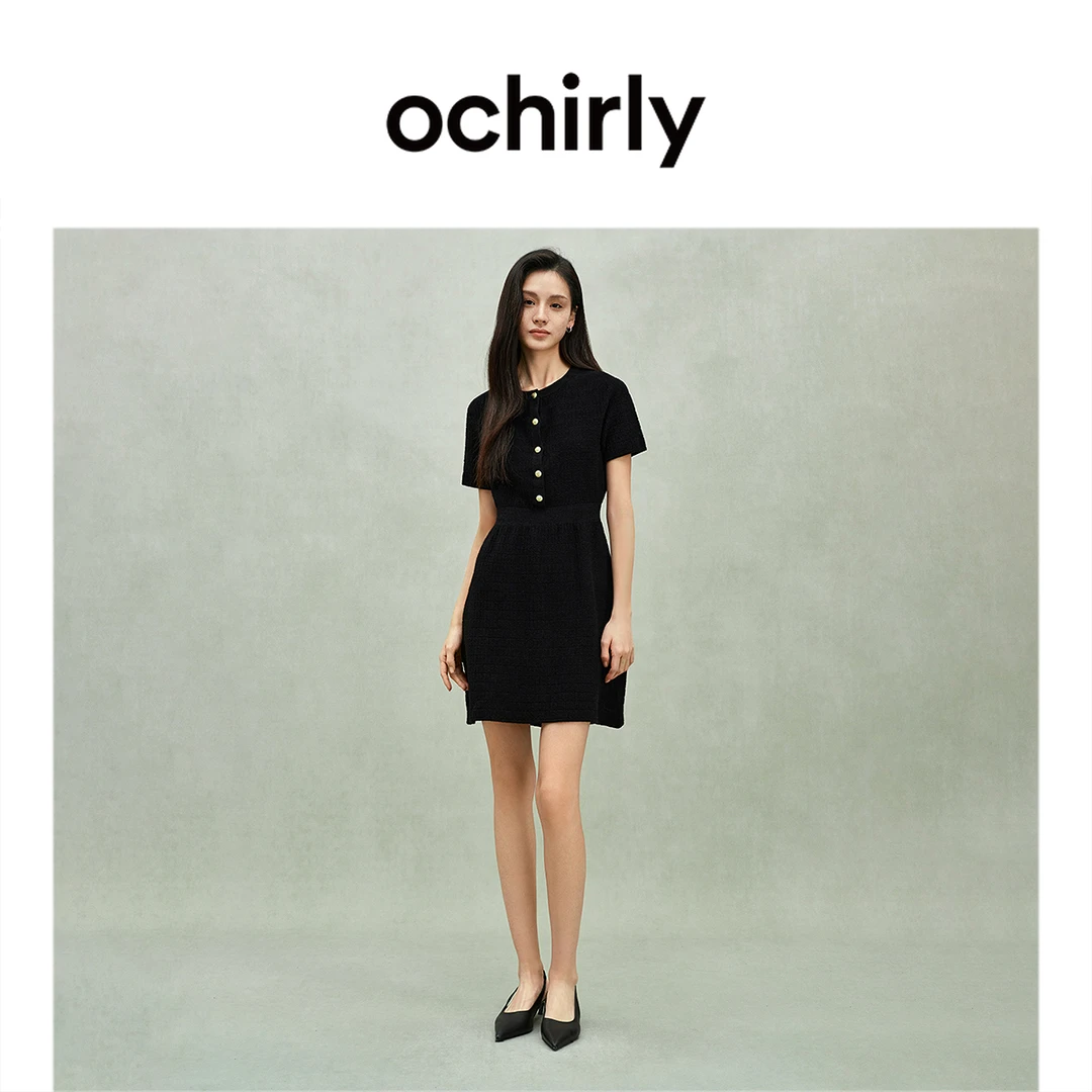 ochirly欧时力小香风格子针织连衣裙小黑裙白裙度假裙2025夏新款