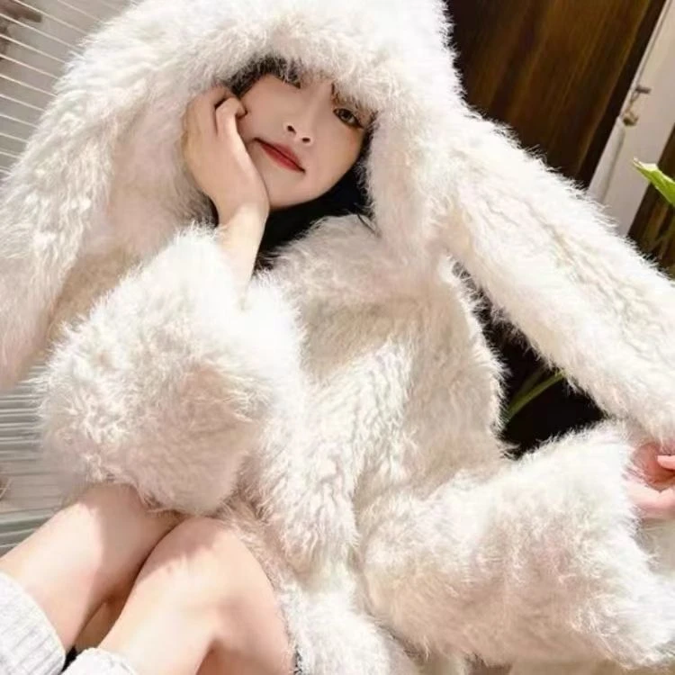 【现货+运险】26冬季可爱小兔子长耳朵连帽加绒加厚保暖毛毛外套女