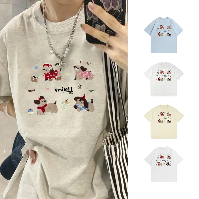 【现货-贴布刺绣】学院风小个子短袖t恤女夏季新款创意学生宽松上衣