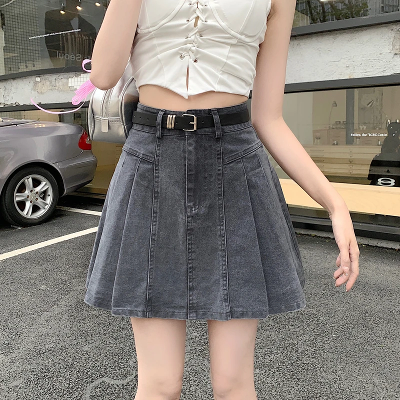 显瘦高腰水洗牛仔A字百褶辣妹夏季百搭短裙半身裙女包臀大码学生
