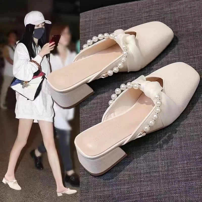 SHOEBOX鞋小香风方头包头半拖鞋女2025夏新款外穿高跟鞋懒人鞋