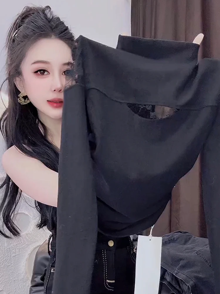 德绒原创纯欲风立春2025基础女半高领内搭蕾丝拼接上衣黑色打底衫