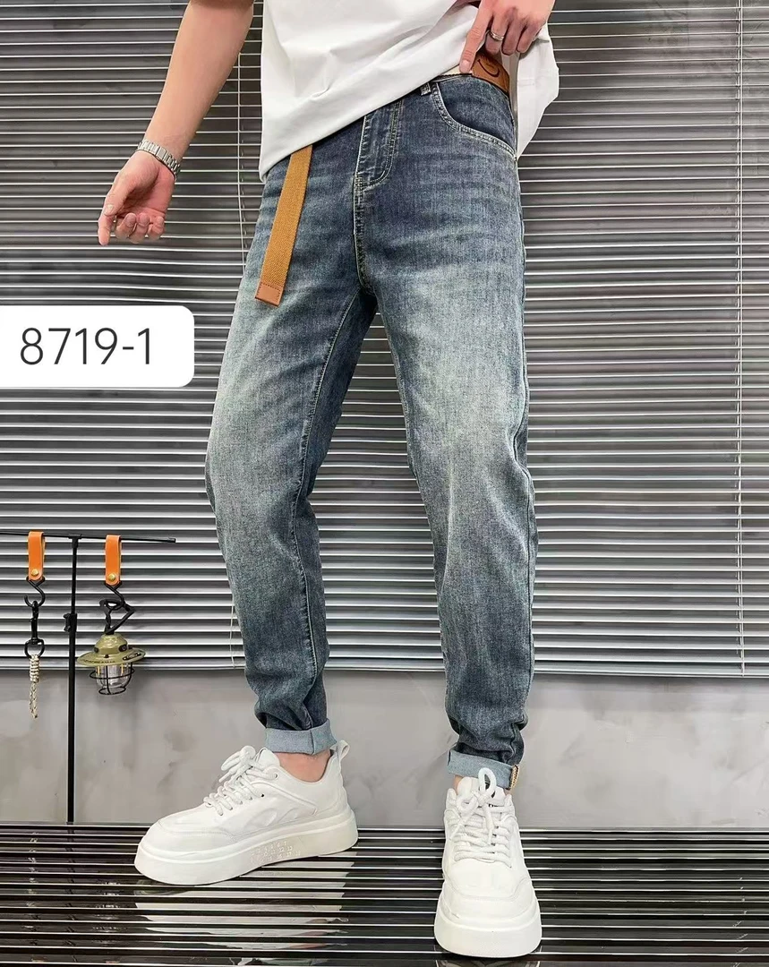 8719-1春夏季薄款牛仔裤弹力百搭小直筒潮流男士牛仔裤蓝/黑灰色