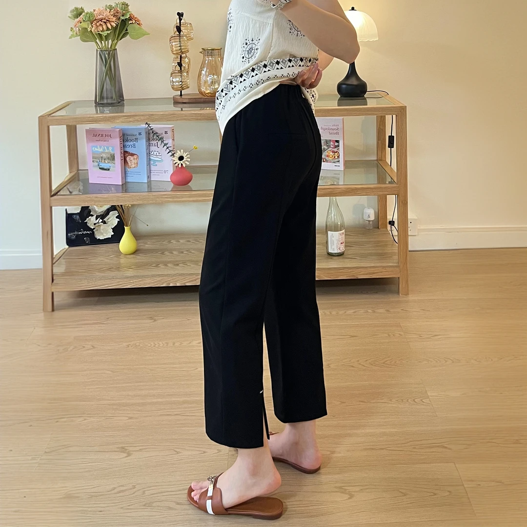 黑色开叉直筒烟管裤女夏季新款大码小个子百搭高腰弹力九分小脚裤