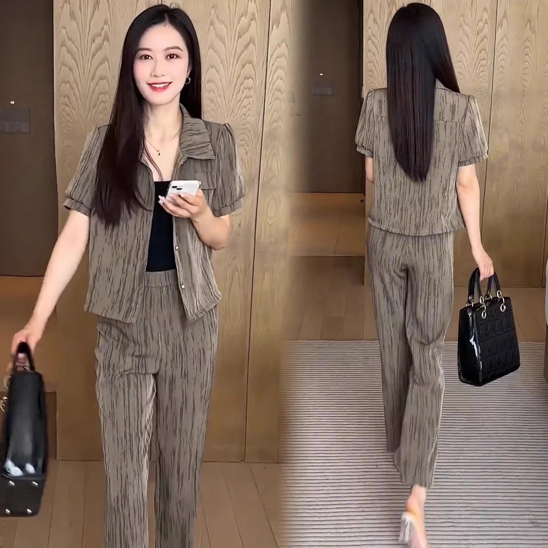 时尚条纹套装女2025夏季新款洋气显瘦复古短袖上衣阔腿裤两件套