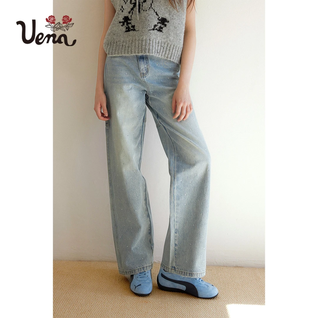 【摇曳繁星】Uena美式复古浅蓝色不规则腰头分割直筒烫钻牛仔裤女