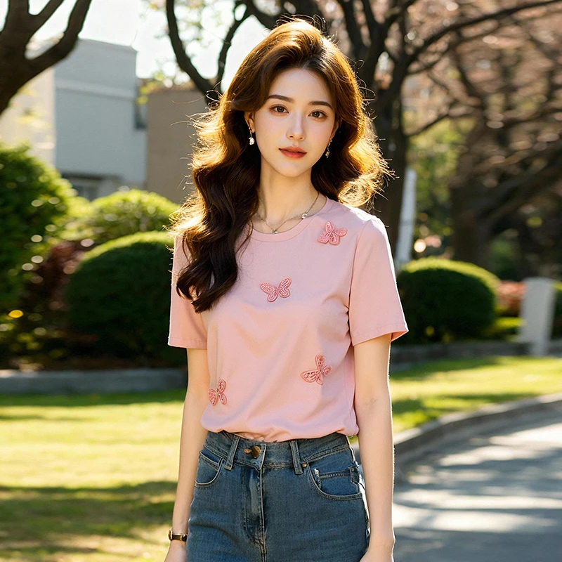 奢姿大码女装2025夏季减龄蝴蝶立体装饰T恤胖妹妹时尚百搭上衣