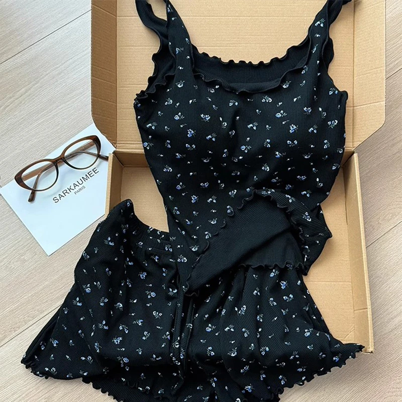 慵懒风甜美印花吊带睡衣女夏季新款薄款舒适短裤套装纯欲法式夏天