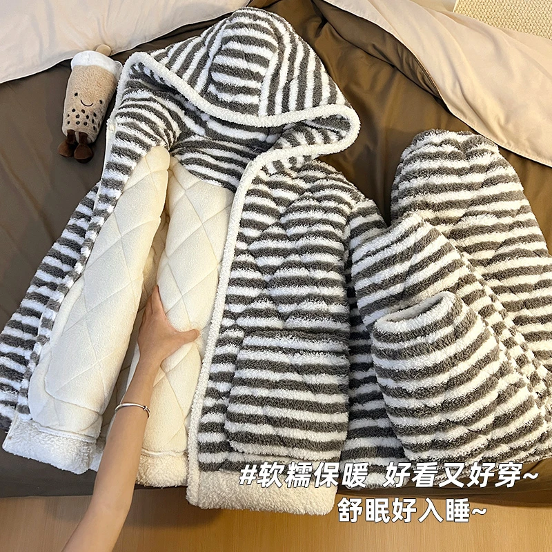 三层夹棉加厚睡衣女款秋冬季湖南省省服珊瑚绒韩版条纹长袖家居服