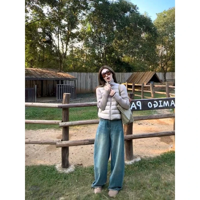 紫色针织袖立领拼接棉服洋气减龄百搭时尚高腰复古牛仔长裤两件套