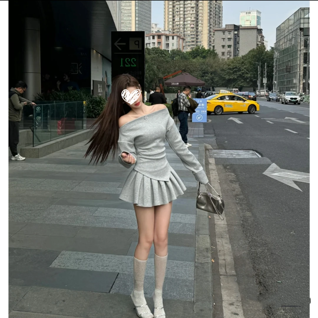 2025春季新款一字肩收腰卫衣+百褶半身裙套装女