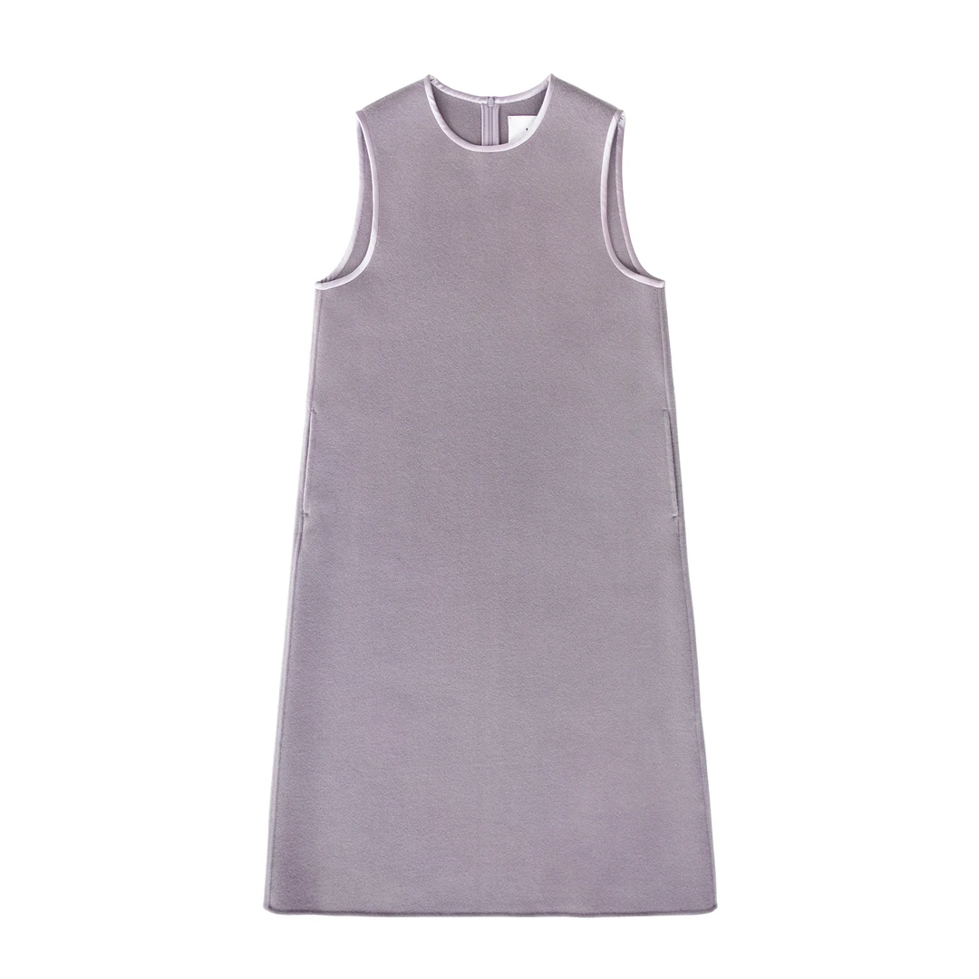 2025新年款修饰身材遮肉显瘦紫色10绒高支双面绒真丝拼接连衣裙