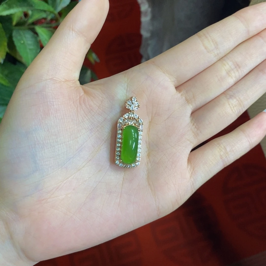 和田玉手镯银S925镀金镶嵌碧玉挂件