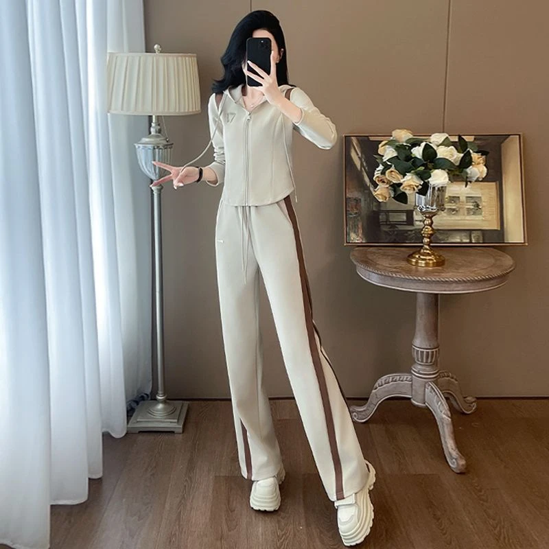 欧货休闲运动百搭套装女秋季时尚撞色连帽开衫外套阔腿裤两件套潮