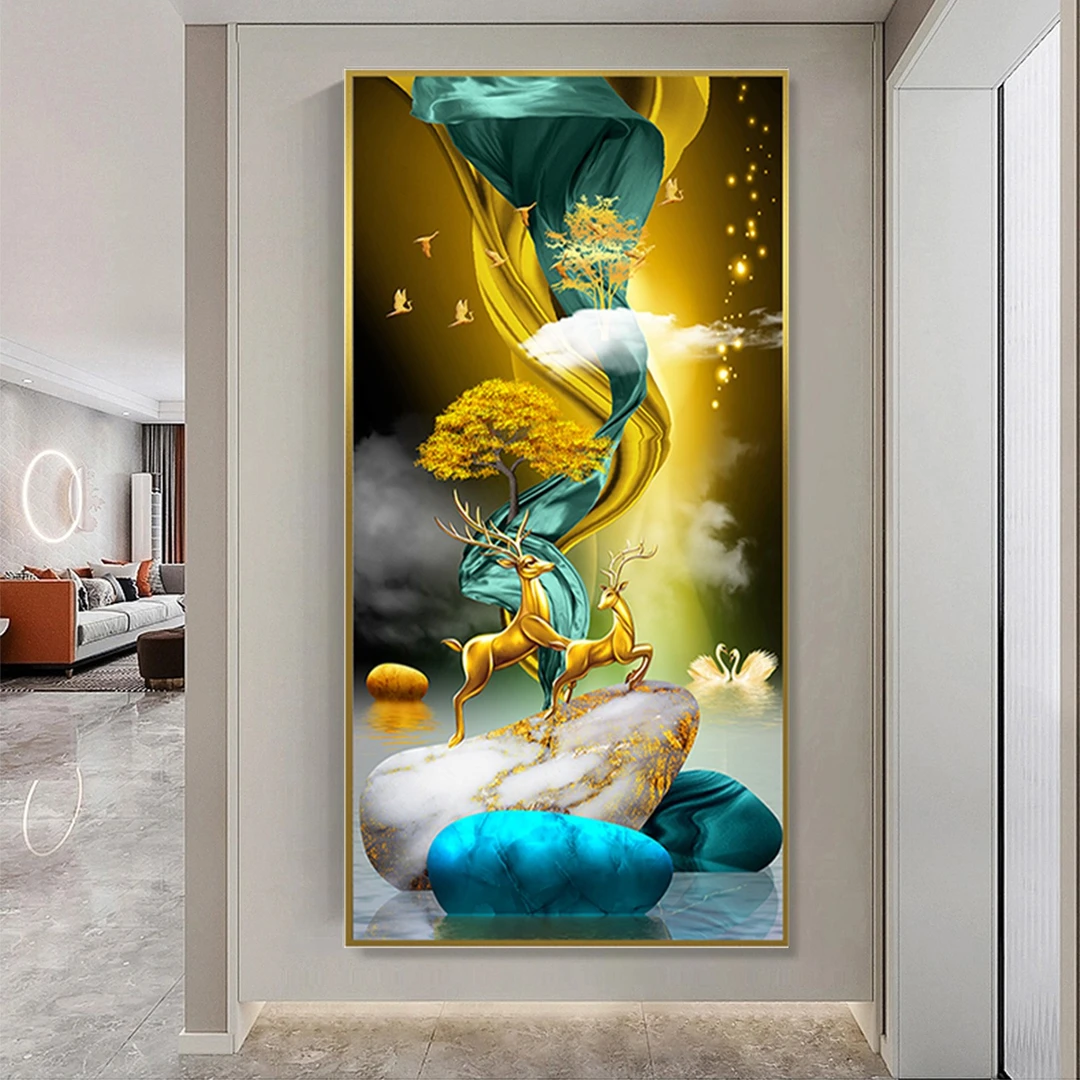 福禄祥瑞玄关竖款单幅挂画简约轻奢晶瓷镶钻装饰合金画框X26