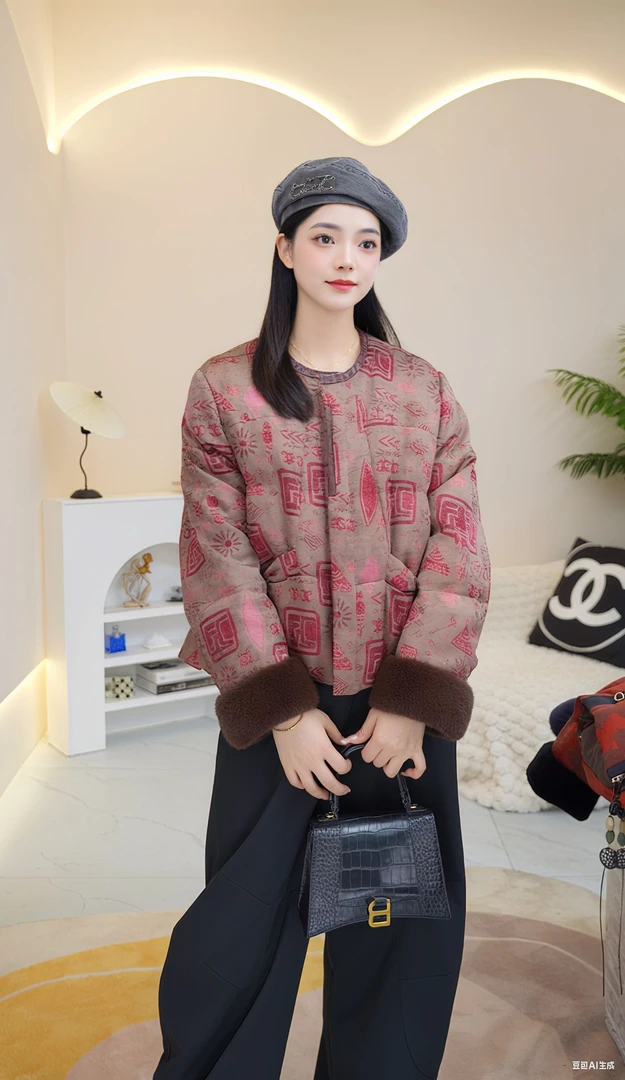 【暖玉生烟】暗扣水貂短款加绒加厚款单排扣中国风圆领女6650