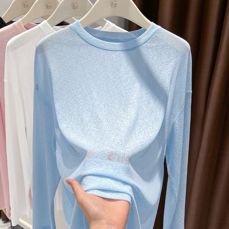 慵懒风圆领长袖防晒T恤女蓝色微透宽松薄款罩衫夏季显瘦高档上衣