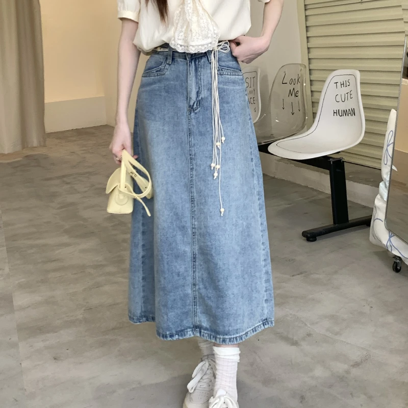 【小铃铛】TU26447复古高腰水洗牛仔半身裙小个子中长款流苏裙子