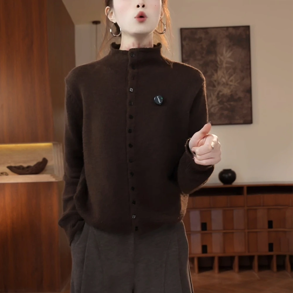 高级感长袖针织开衫女秋冬新款宽松显瘦洋气减龄毛衣外套立领上衣