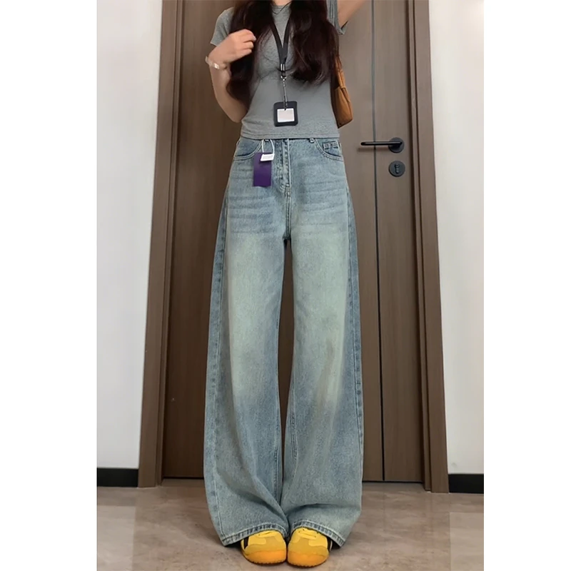 美式水洗做旧牛仔裤女秋季2025新款高腰直筒显瘦宽松阔腿拖地裤子