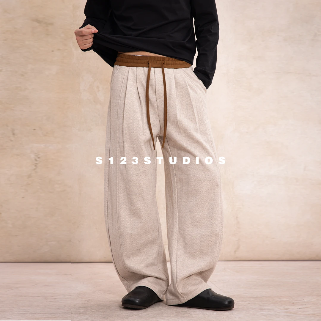 S123人字纹醋酸羊毛拼接撞色弯刀休闲裤男秋冬加绒保暖抽绳长裤