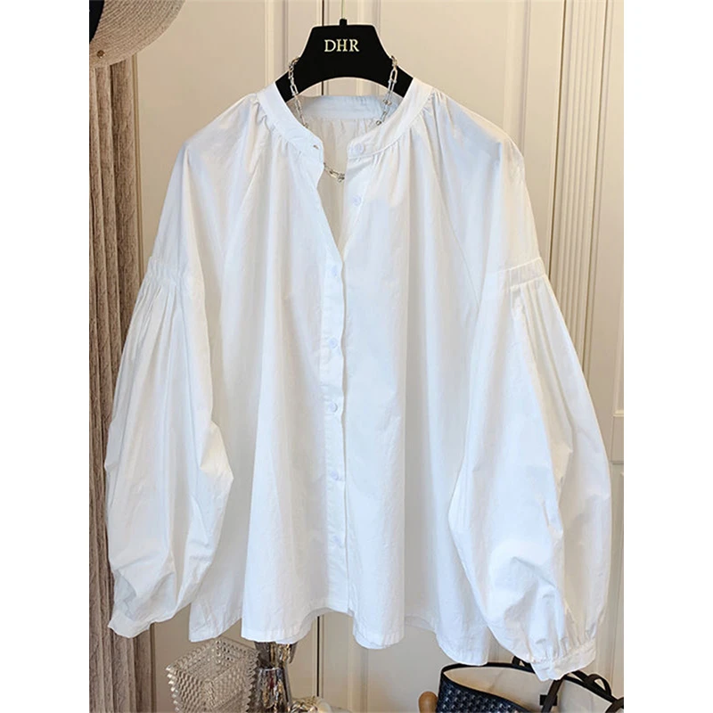2025春季时尚气质法式长袖休闲百搭褶皱泡泡袖宽松衬衫娃娃衫上衣