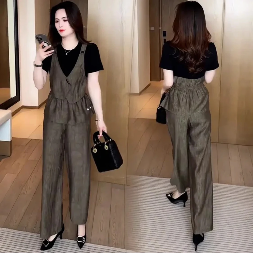 时尚休闲套装女2026夏季新款气质显瘦假两件短袖上衣阔腿裤两件套