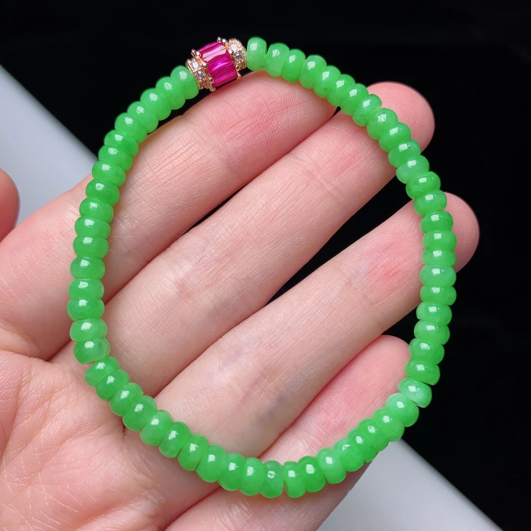 缅甸天然翡翠A货冰润阳绿算盘珠手链卡4.2mm绿色玉手串