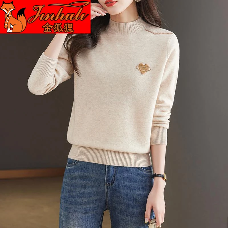 金狐狸100纯羊毛衫羊毛毛衣女士中年妈妈秋冬装提花保暖打底衫